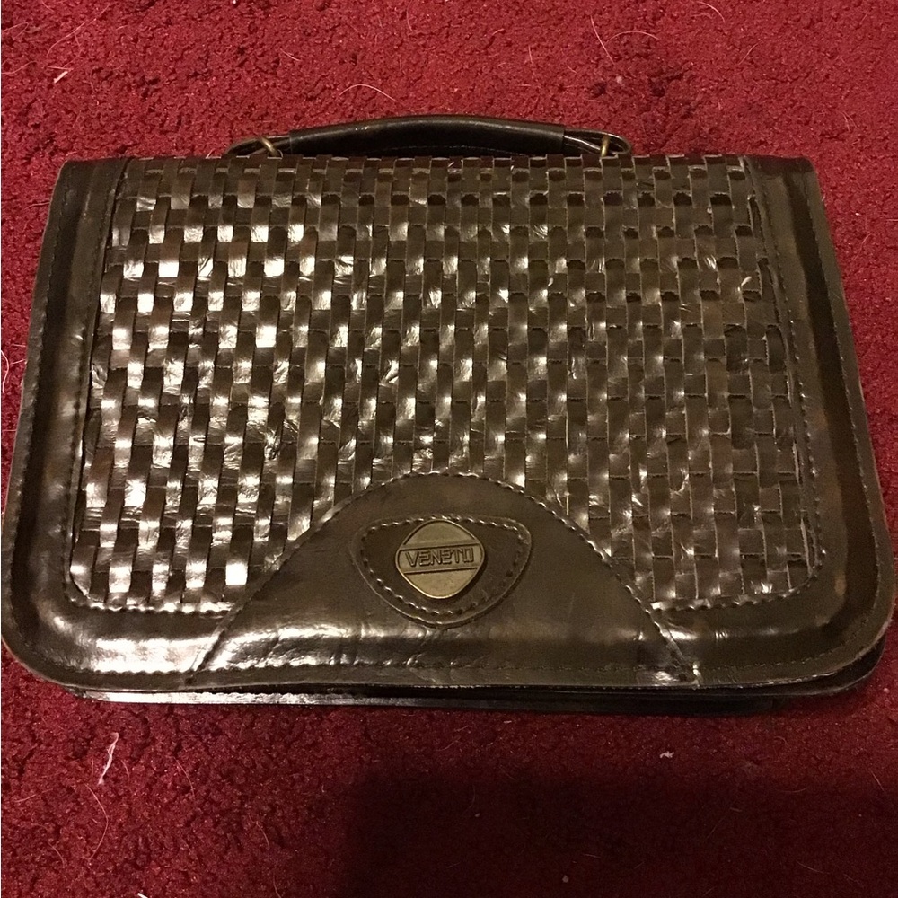 VENETO VINTAGE LEATHER WOVEN TOP HANDLE HANDBAG GUC BROWN
